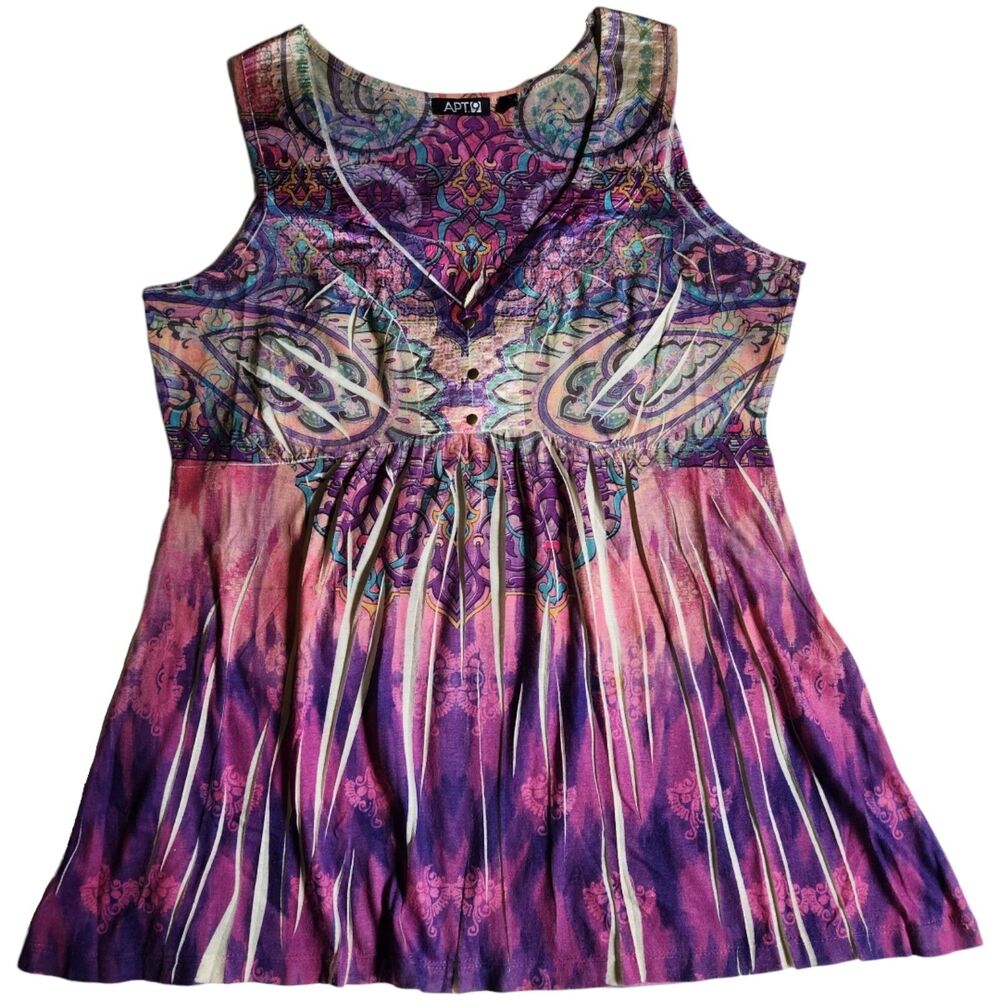 APT 9 Purple Pink Multi Color Paisley Ikat V Neck Sleeveless Tunic Top sz S